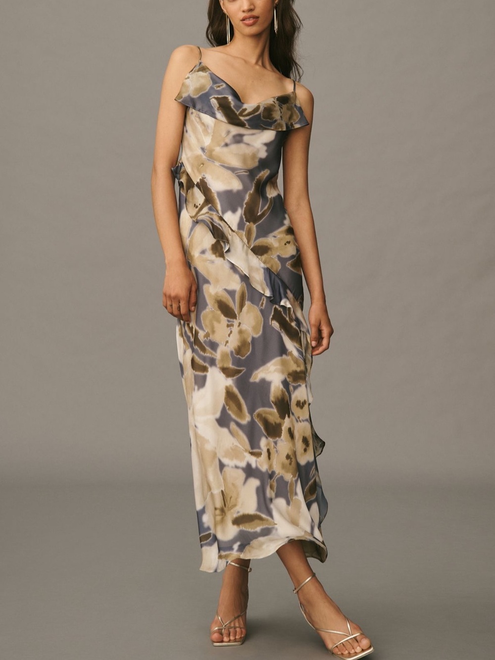 Anthropologie Floral Slip Maxi Dress in Blue and Cream